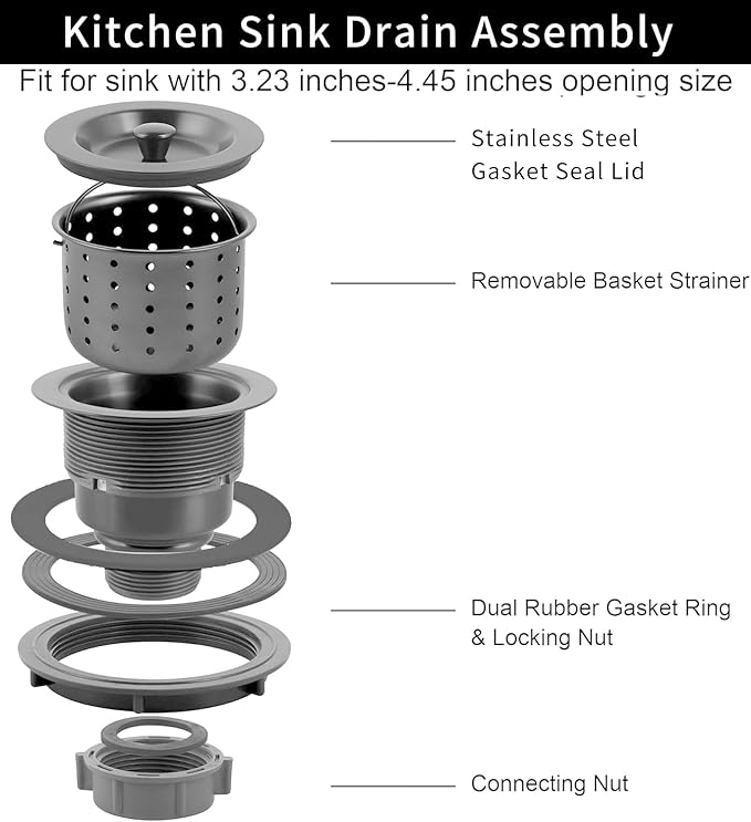 Sink Strainer Kitchen Sink Drain Assembly Kit 3-1/2 Inch with Kitchen Sink Drain Basket,304 Stainless Steel Sink Stopper & Cover Lid，Stainless Steel Matt Black