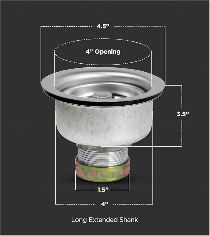 Highcraft 9753 Kitchen Sink (3-1/2 Inch) Stainless Steel Drain Assembly with Strainer Basket and Rubber Stopper Long Extended Shank (3-3/4 Inch)