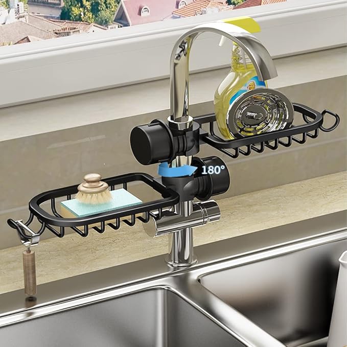 Faucet Sponge Holder Kitchen Sink Caddy Organizer Over Faucet Hanging Drain Rack (Normal, Black)