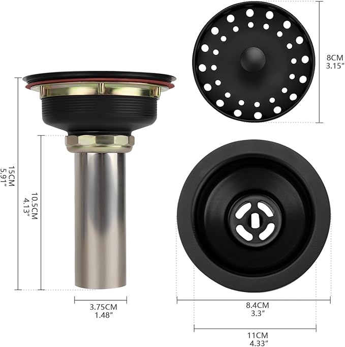 Uni-Green Matte Black Kitchen Sink Drain Kit for Standard 3-1/2 Inch Drain - Fit 1-1/2 inch Pipe - Stainless Steel Basket with Knob - Rubber Stopper Bottom - 3.5" Kitchen Sink Drain Replacement Kit
