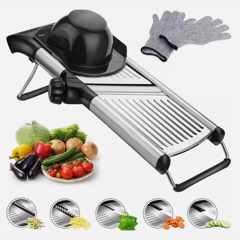 Adjustable Mandoline Food Slicer, Mandoline Slicer for Kitchen, Mandolin, Potato, Tomato, Carrot, Vegetable, Fruit and Onion Cutter - Stainless Steel - INCLUDING 1 Pair by Unknown