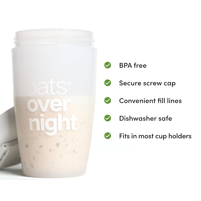 Oats Overnight Shaker Bottle – Leakproof Shaker Cup with Secure Screw Cap & Fill Line, Dishwasher Safe – Mixing Cup, Protein Shakes, Oatmeal, Breakfast On-the-Go & Travel