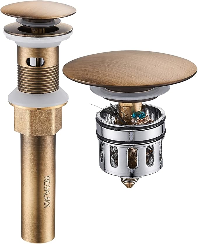 REGALMIX Antique Brass Pop Up Bathroom Vessel Sink Drain Stopper,Built-in Anti-Clogging Strainer, Fits Standard American Drain Hole(1-1/2" to 1-3/4"), with Overflow RWF083R