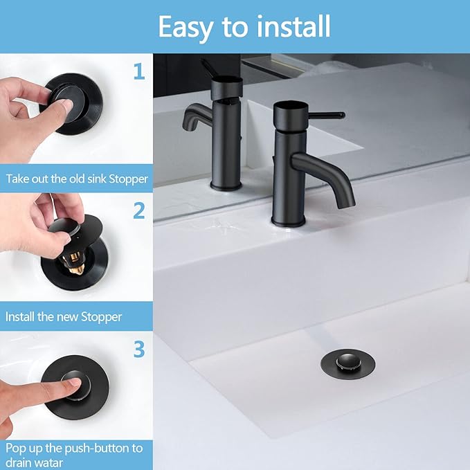 QYHNYJF Black Bathroom Sink Stopper – Pop Up Drain Stopper & Sink Strainer, Universal Sink Plug for 1.1" to 1.5" Bathroom Sink Drain Pipes, Matte Black Finish