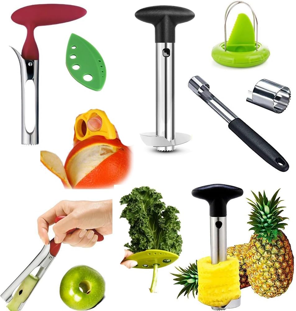 COMBO PACK - Apple Corer, Pineapple Slicer, Pear Pepper Poker, Herb Kale Stripper, Kiwi Tool, Citrus Orange Peeler SUPER SLICER Juicer Prepping PACK