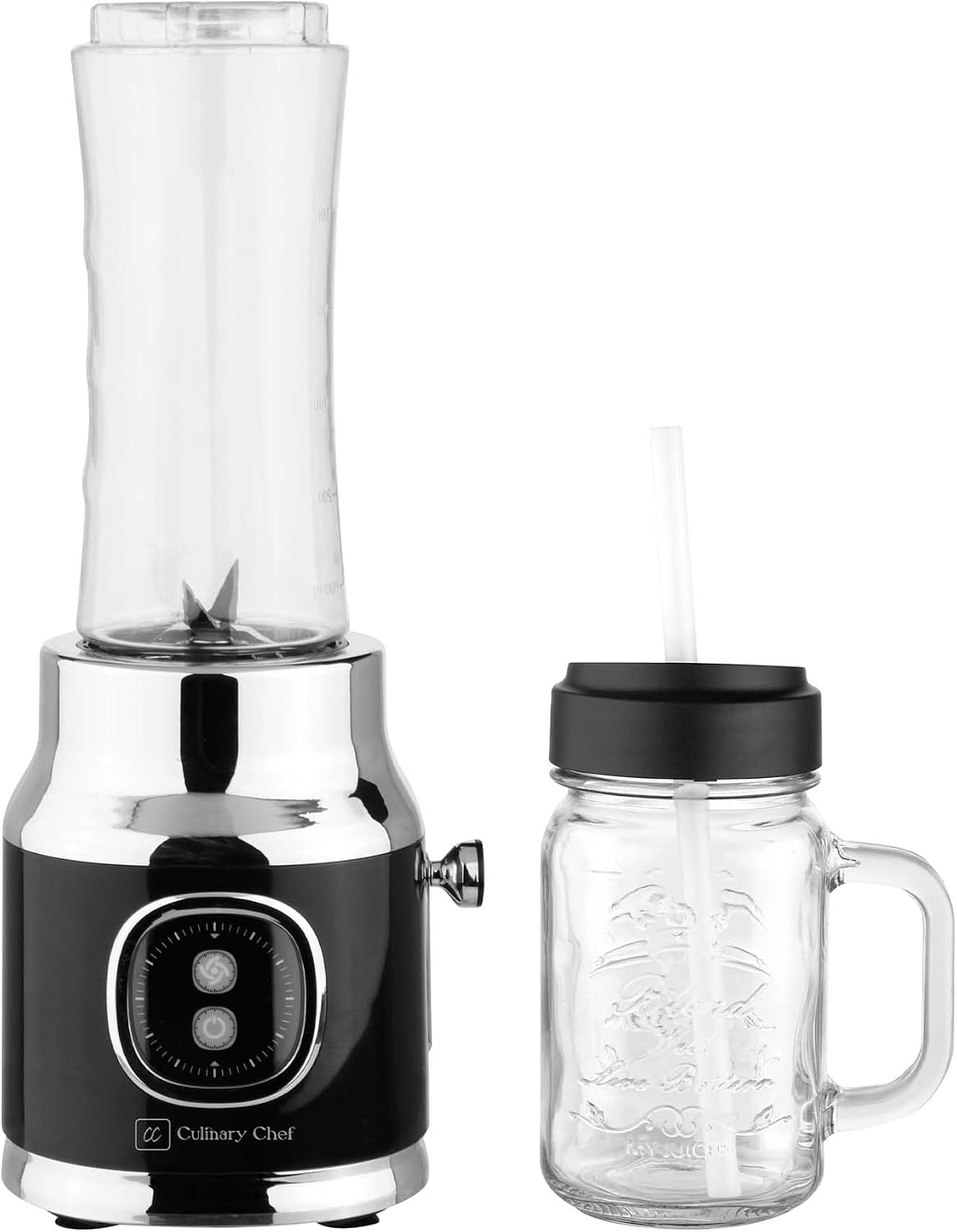 300W Smoothie Maker Blender with 500ml Glass Mason Jar & 600ml BPA-Free Sports Bottle, Personal Smoothie Blender for Smoothies, Shakes, Frozen Fruit & Ice, Black