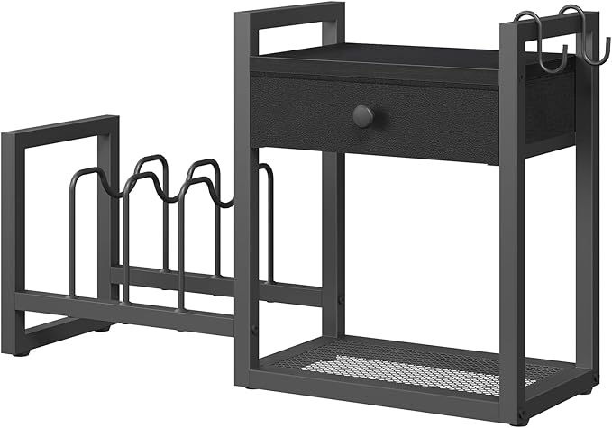 MAHANCRIS Countertop Shelf Organizer, Pots and Pans Organizer Rack, Pot Lid Holder with 1 Drawer, Pot Lid Organizer Holder with 2 Hooks, for Kitchen, Dining Room, Black POBK2201