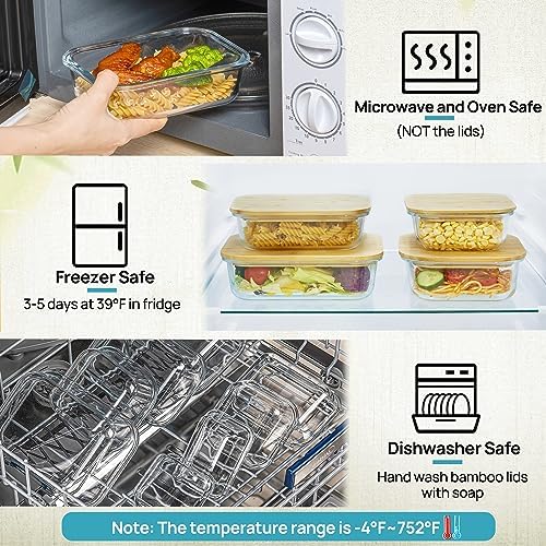 4 Pack Glass Food Storage Containers with Bamboo Lids Meal Prep