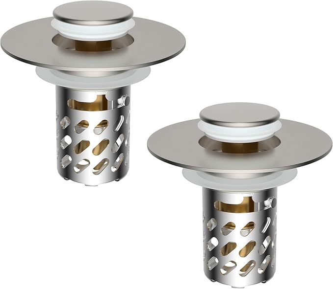 iFealClear 2 Pack Metal Bathroom Sink Stopper, Pop Up Sink Drain Strainer with Removable Stainless Steel Filter Basket, Universal for 1.1"-2.36" Sink, Brass Bounce Core, Hair Catcher, Brushed Nickel