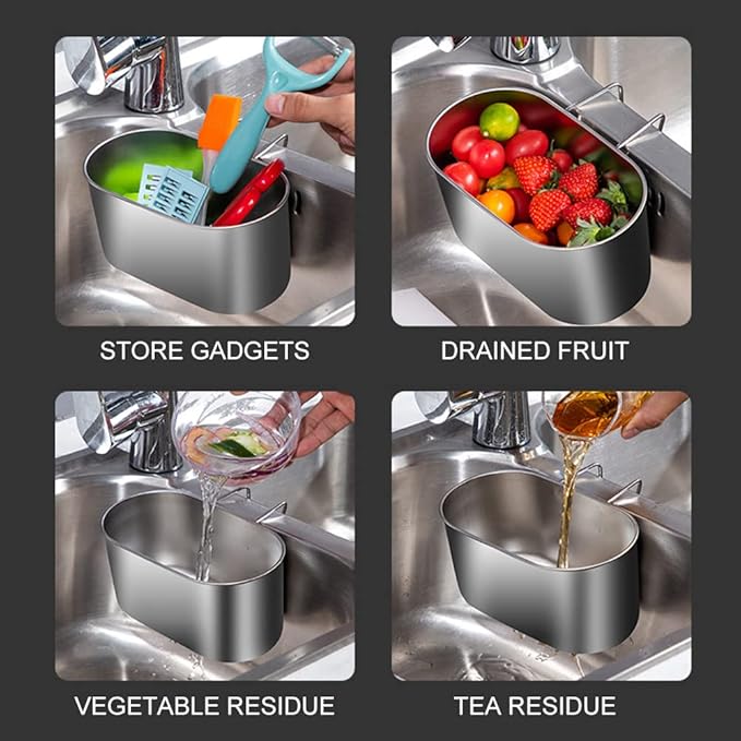 Stainless Steel Sink Drain Strainer Basket, Multifunctional Hanging Sink Strainer Colander Drain Basket Kitchen Sinks Food Waste Filter and Wash Vegetables Fruits(COLOR:Silver)