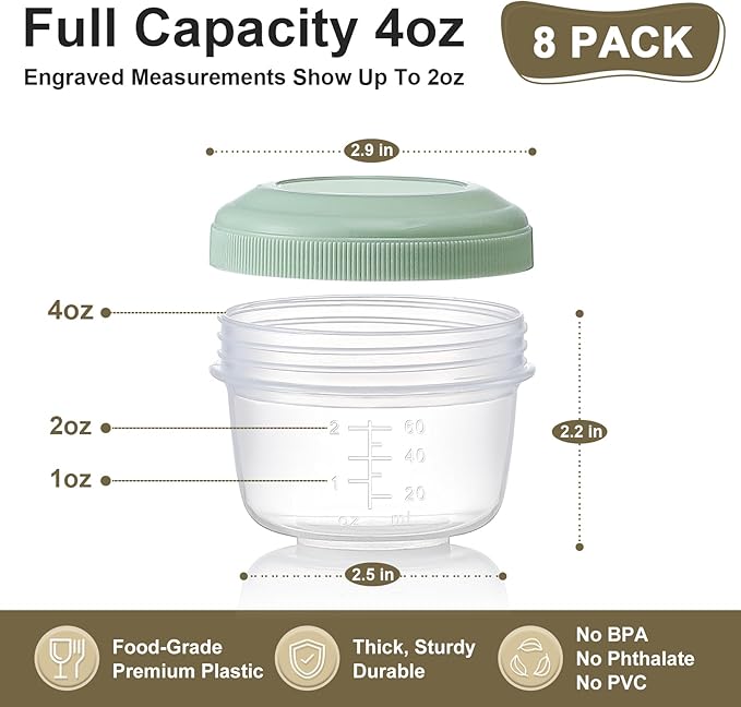 8 Pack Reusable Plastic Containers with Lids - 4 oz Small Deli Containers for Snack, Puree, Dressing & Freezer Use - Dishwasher Safe, BPA Free
