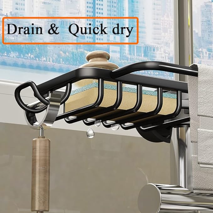 Upgraded Kitchen Sink Caddy Organizer with Dish Towel Drying Rack & Hooks Over Faucet Hanging Faucet Drain Rack for Sink Organizer (Double, Black)