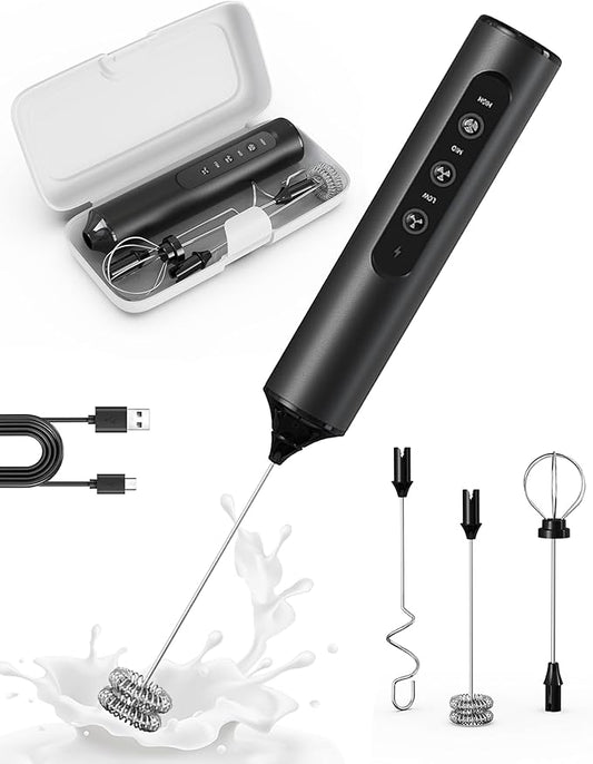 3-Speed Rechargeable Milk Frother with Storage Box, Dual Coil Whisk Coffee Frother Handheld - Portable Hand Frother Wand for Coffee Matcha Cappuccino & Hot Chocolate, Kitchen Gift Set