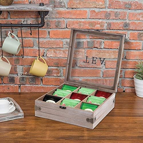 Tea Box Organizer, Rustic Tea Bag Storage with Clear Lid