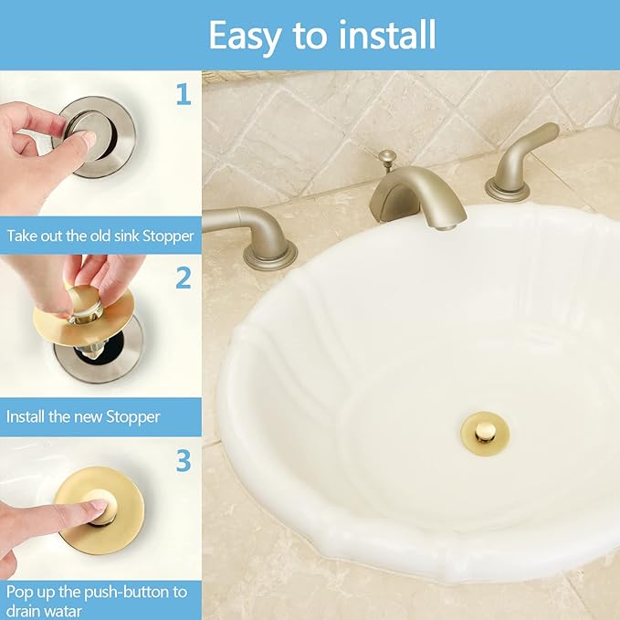 Gold Bathroom Sink Stopper – Pop Up Drain Stopper & Strainer, 2-in-1 Universal Sink Stopper, Compatible with 1.1" to 1.5" Bathroom Sink Drain Pipes, Gold Matte Brushed Finish