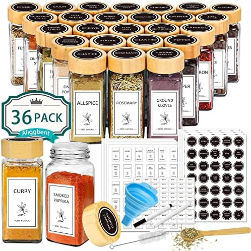 Spice Jars with Labels 36 Pcs 4 oz Glass Bamboo Lids Shaker Set