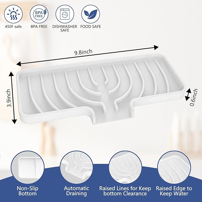 Silicone Sponge Holder for Kitchen Sink With Drain Spout, Self Draining, Kitchen Soap Tray, Bathroom Organizer, Sink Caddy (White, 10×4)