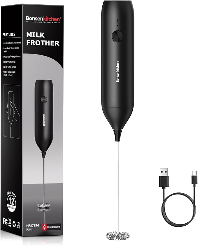 Bonsenkitchen Rechargeable Milk Frother Handheld, Electric Foam Maker with Stainless Steel Whisk, Charging USB-C, Portable Hand Wand Drink Mixer for Coffee Matcha Lattes Cappuccino, Kitchen Gifts