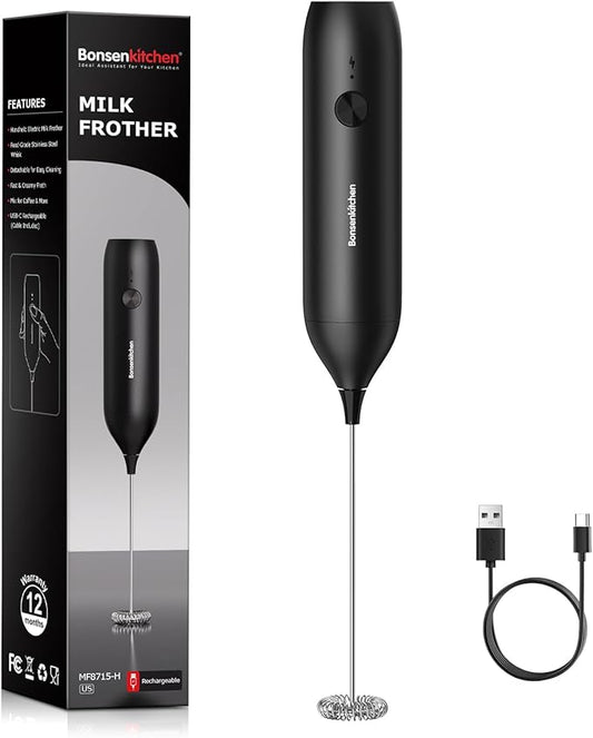 Bonsenkitchen Rechargeable Milk Frother Handheld, Electric Foam Maker with Stainless Steel Whisk, Charging USB-C, Portable Hand Wand Drink Mixer for Coffee Matcha Lattes Cappuccino, Kitchen Gifts