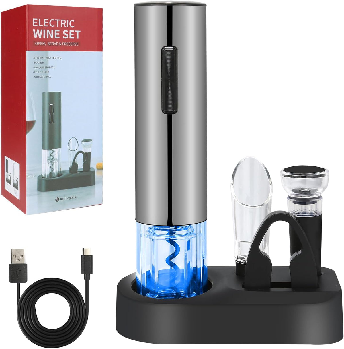 Electric Wine Bottle Opener Set- Silver, Automatic Wine Bottle Opener with Led Light, Rechargeable Corkscrew Kit with Aerator，Foil Cutter，Stoppers