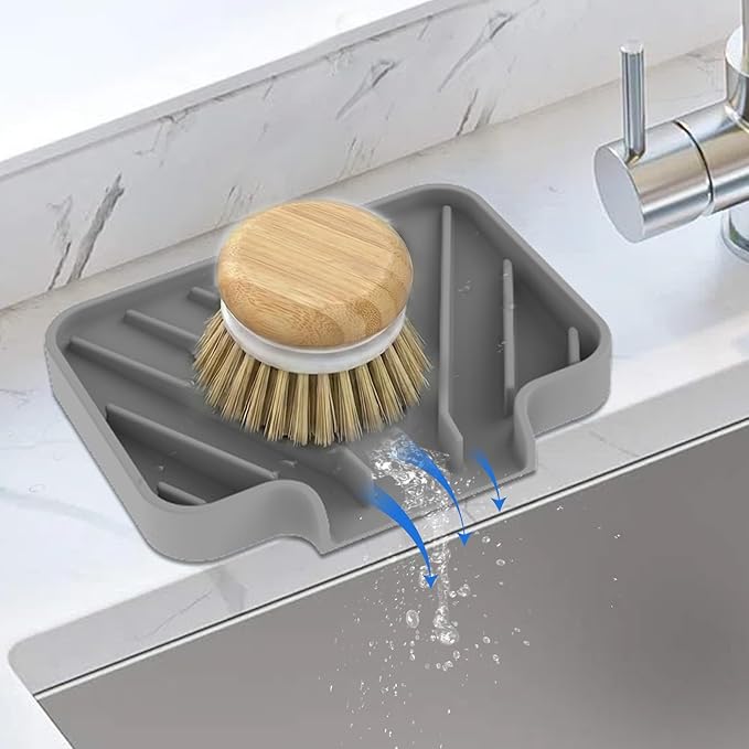 JACZZO Silicone Soap Dish for Shower and Bathroom - Small Bar Soap Holder with Self Draining Spout - Non-Slip Sink Tray Organizer for Kitchen Counter and Narrow Ledge, Gray (3.5" x 5")