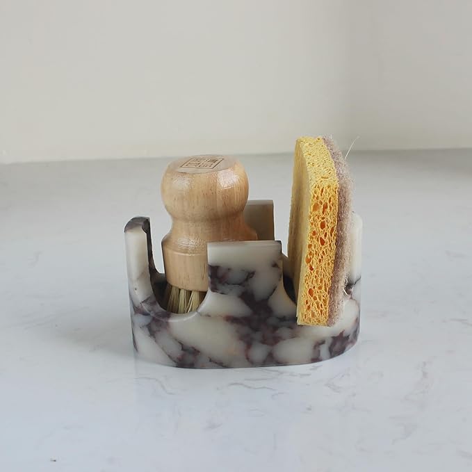 Nawgnail Natural Travertine Marble 2-Slot Sponge Holder for Kitchen Counter, 2-in-1 Stone Drying Rack, Sponge Caddy for Sink Organizer - Calacatta Viola Marble