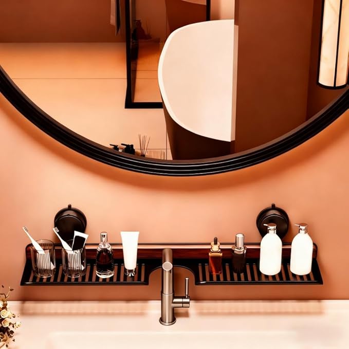 Bathroom Sink Shelf Over Faucet, No Drill Floating Shelf for Bathroom Sink, Under Sink Caddy Organizers for Toothbrush Soap (Black, 27 inch)