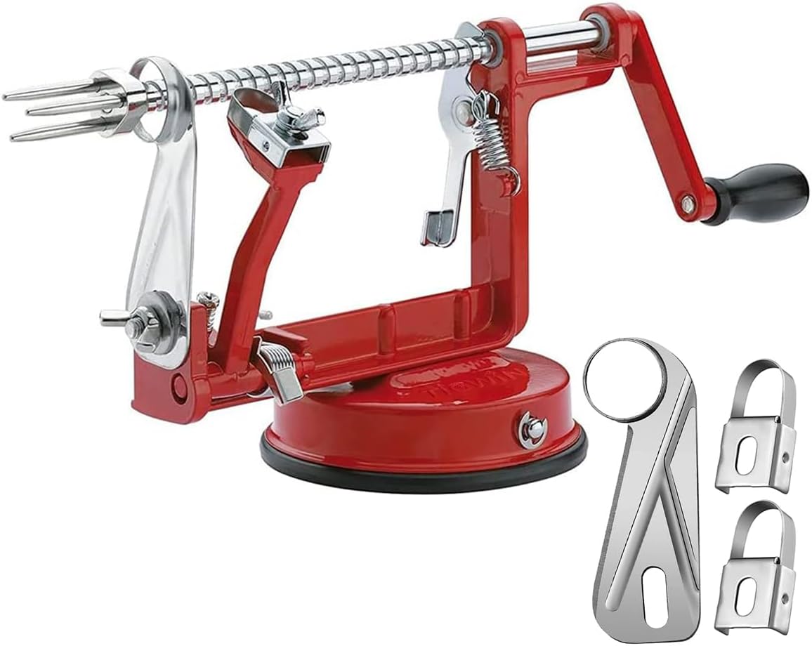 Apple Peeler Corer, Long lasting Chrome Cast Magnesium Alloy Apple Peeler Slicer Corer with Stainless Steel Blades and Powerful Suction Base for Apples and Potato(Red)