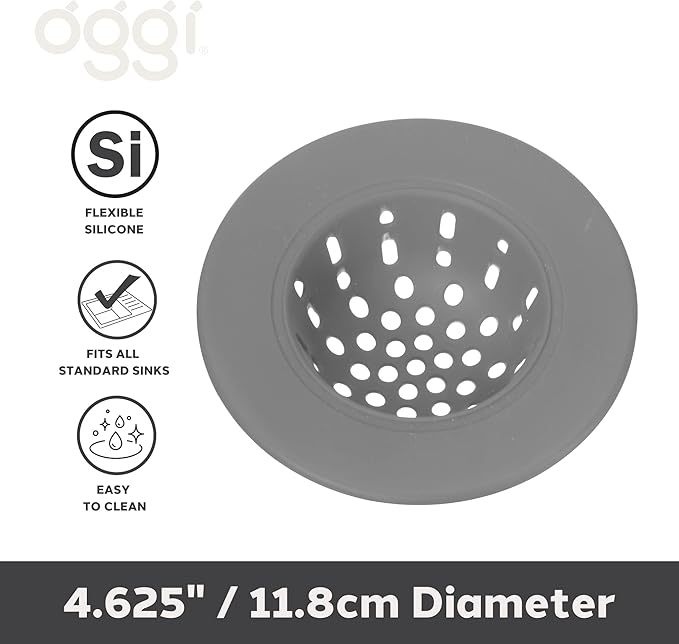 OGGI Silicone Sink Strainer- Great Kitchen Sink Strainer, Sink Drain Strainer, Drain Stopper, Sink Plug, 4.6˝ Diameter Rim, Gray (Pack of 2)