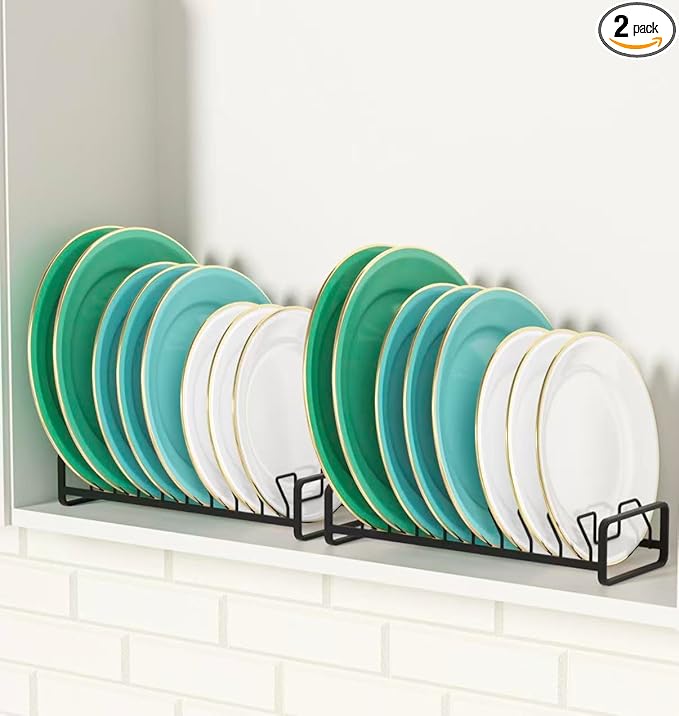 Plate Organizer for Cabinet (2-Pack),Kitchen Dish Rack Organizer for Cabinet Countertop Drawer Space Saver，8 Slots Vertical Plate Holder Storage Rack, Housewarming Kitchen Gifts for Women (Black)
