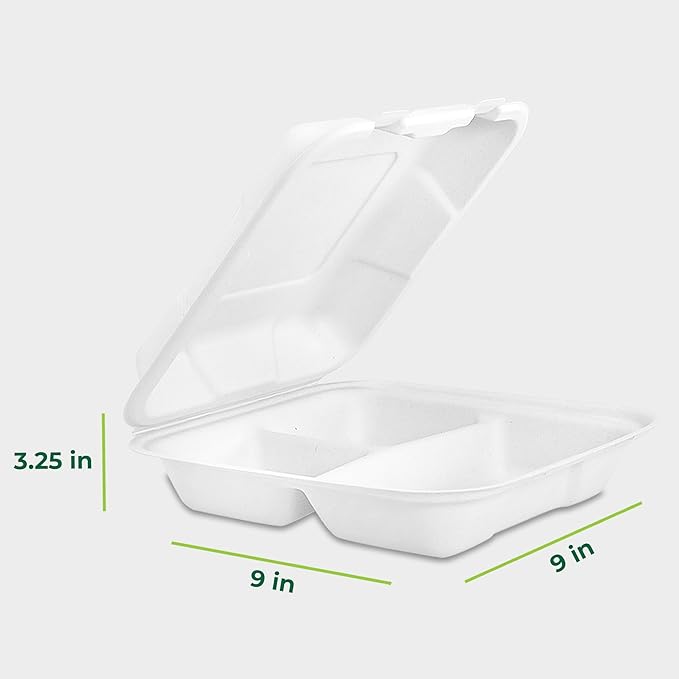 Freshware Clamshell Food Containers with Lids [9x9"] 3-Compartment 200-Pack, Disposable To Go Containers, Biodegradable Sugarcane To Go Boxes - Paper Containers - Microwave & Freezer Safe, Stackable