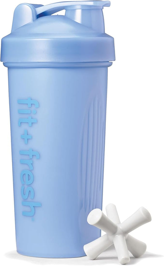 Fit & Fresh Shaker Bottle, Leak Proof Sports Blender Bottle Easy to Clean, Durable Protein Shaker Cup 24 oz.with Unique Agitator for Smooth Mixing, Cornflower Blue