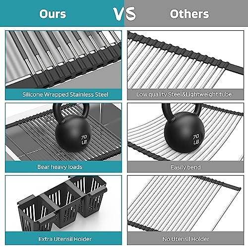 Roll Up Dish Drying Rack, Silicone Wrapped Over The Sink Multipurpose Foldable Dish Drainer Anti-Slip Dish Racks for Kitchen Counter, Sink Drying Rack Cover with Utensil Holder (Black, 17.3" x 17.6")