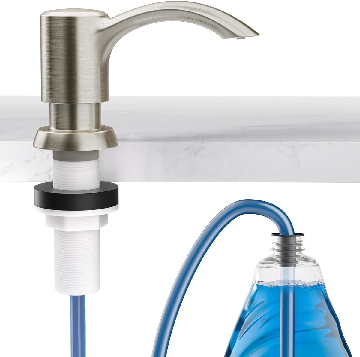 Built-in Kitchen Sink Soap Dispenser with Extension Tube Kit - Brushed Nickel Finish, Leak-Proof Design, No Top Refill Required (39" Tube)