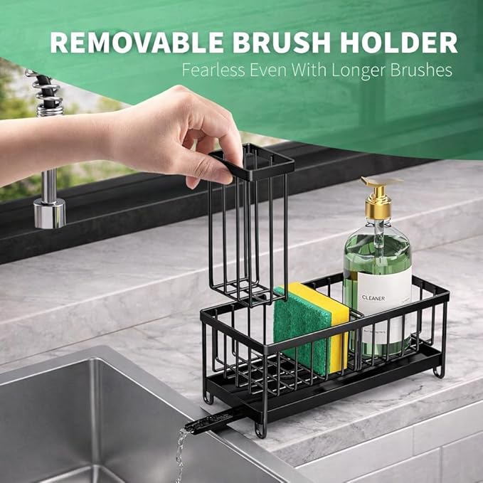 Success Goods Kitchen Sink Caddy Organizer – Stainless Steel Sponge Holder with Brush Holder, Countertop Dish Soap Rack, Black