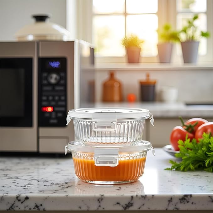 H.JSS WDJS 1.5 cup Round Glass Food Storage Containers with Lids, 12oz Small Glass Meal Prep Containers set, Heat-Resistant BPA-Free Round food bowl for Leftover. Microwave, Dishwasher & Freezer Safe