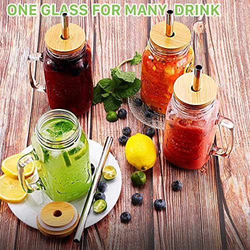 4 Pack 24 OZ Mason Jar Cups with Handle,Reusable Mason Jar Drinking Glasses,Mason Jars Mugs with Bamboo Lids and Stainless Steel Straws,Regular Mouth Glass for Iced Coffee Large Pearl Juices