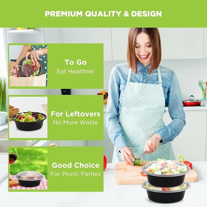 WGCC Meal Prep Containers with Lids - 10Pack 32oz Meal Prep Bowls, Disposable Food Prep Containers, Round To Go Containers with Lids, BPA-Free, Freezer & Dishwasher Safe