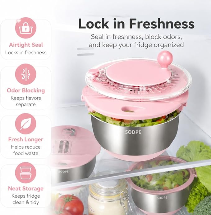 Stainless Steel Salad Spinner Large with 5 Blades Slicer, Lettuce Washer Spinner and Dryer, Vegetable Fruits Chopper Bowl, Egg Yolk Strainer, 5.3Qt Pink