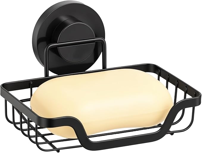 Suction Soap Dish for Shower, Stainless Steel Rustproof Drainable Soap Holder, Wall Mounted Vacuum Suction Soap Tray for Bathroom, Black