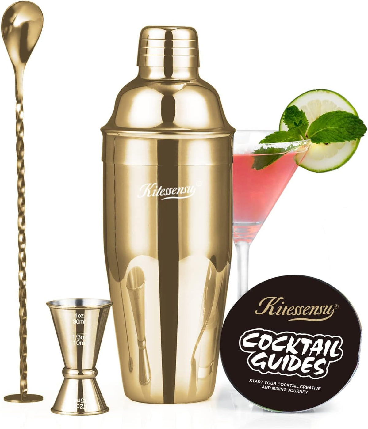 Cocktail Shaker Set, Stainless Steel Bartending Kit with 25 Ounce Cocktail Shaker with Built in Drink Strainer, Measuring Jigger, Mixing Spoon & Drink Recipe Guide, Gold