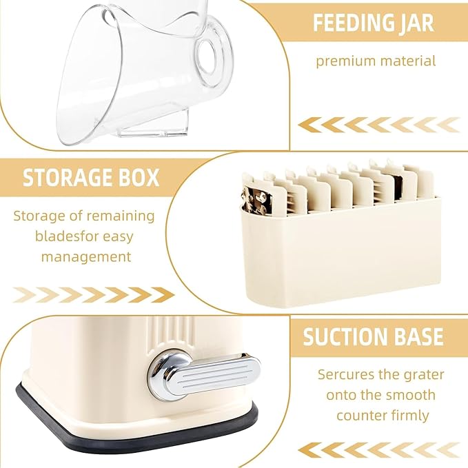 Rotary Cheese Grater with Handle, Vegetable Shredder with 5 Replaceable Blades & Strong Suction Base, Round Food Slicer & Chopper for Kitchen Fruit Vegetables Nuts with Blade Storage Box (Beige)