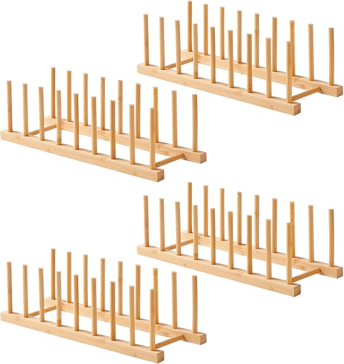 NOVAYEAH 4 Pcs Bamboo Wooden Dish Rack-Plate Pot Lid Cutting Board Organizer Holder Rack for Cabinet-Kitchen Cabinet Organizer for Dish, Pots, Lids, Bowls, Bottles, Books, and Puzzle