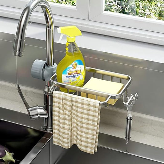 Silver Faucet Sponge Holder - Kitchen Sink Organizer (Right) - 6 Towels