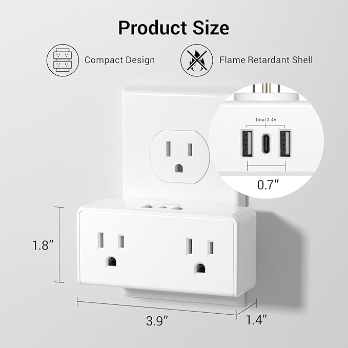 Clear Power 2-Outlet Wall Tap with 3 USB Ports(1 USB-C), Multi Plug Outlet Extender USB Wall Charger, Compact Dual Plug Expander with USB-C, Grounded, 3-Prong, 2-Pack, DC3S-10022P-DC