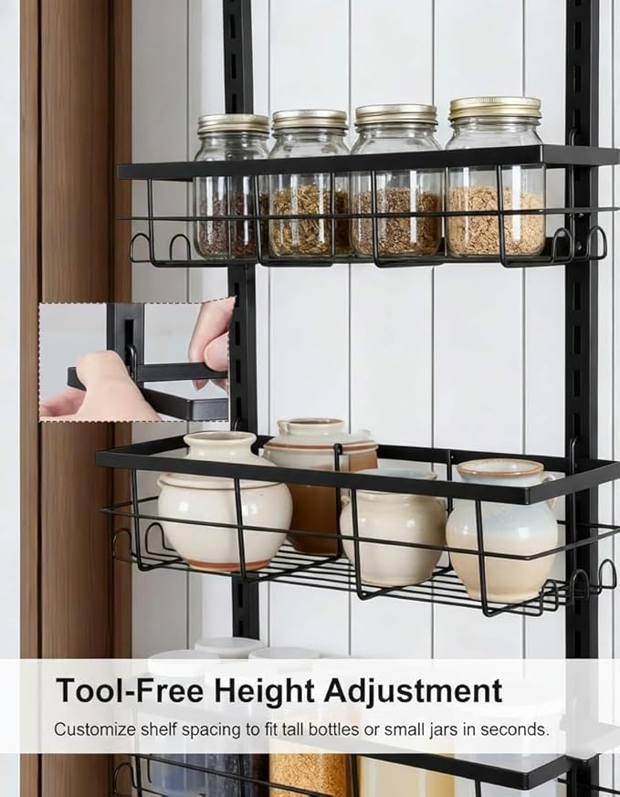 9-Tier Over The Door Pantry Organizer, Adjustable Metal Hanging Spice Rack for Kitchen, Bathroom & Bedroom Storage, Heavy-Duty Alloy Door Rack Organizer with 3 Basket Sizes, 9 Baskets