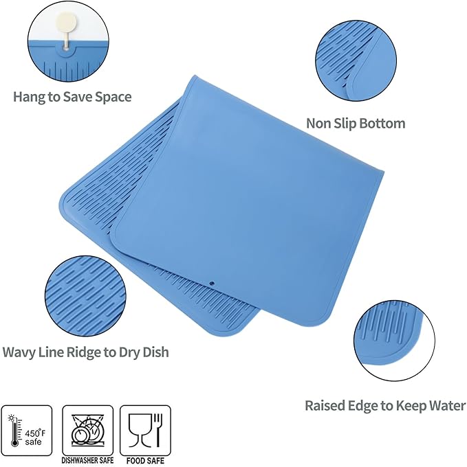 MicoYang Silicone Dish Drying Mat for Multiple Usage,Easy clean,Eco-friendly,Heat-resistant Silicone Mat for Kitchen Counter or Sink,Refrigerator or Drawer Liner Lichen BlueL 5XL 36inches x 18inches