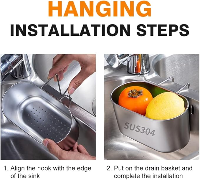 Stainless Steel Sink Drain Strainer Basket, Multifunctional Hanging Sink Strainer Colander Drain Basket Kitchen Sinks Food Waste Filter and Wash Vegetables Fruits(COLOR:Silver)