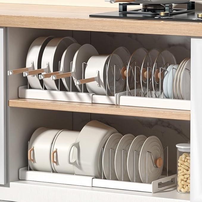 OMIO Expandable Pots and Pans Organizer Rack Under Cabinet, 12"-22" Adjustable Lid Holder with 7 Stainless Steel Dividers, White ABS Kitchen Storage for Lids, Pans, Cutting Boards