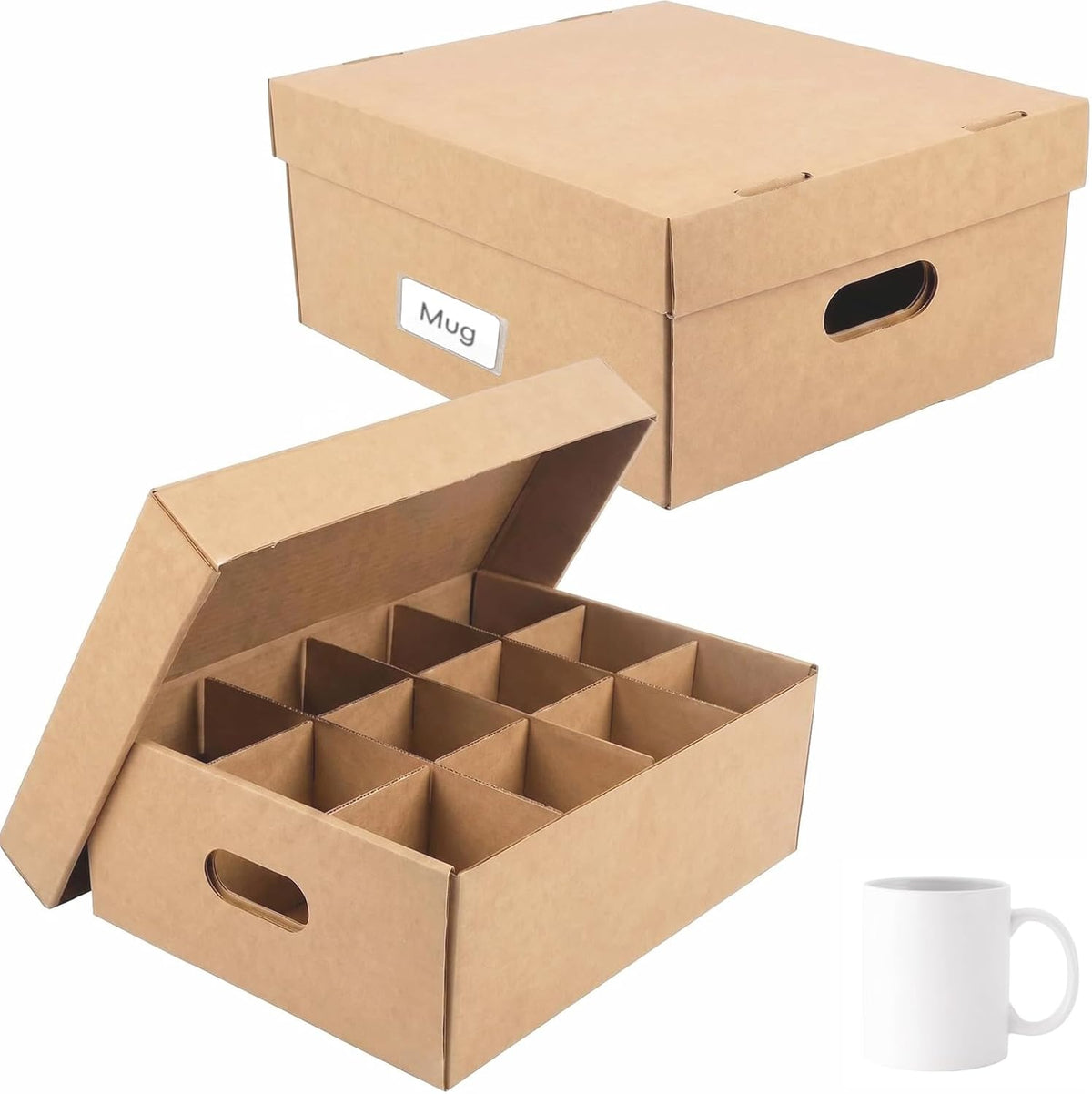 2 Pack Mug Moving Boxes, Cup Packing Boxes with Dividers, Handles & Lids